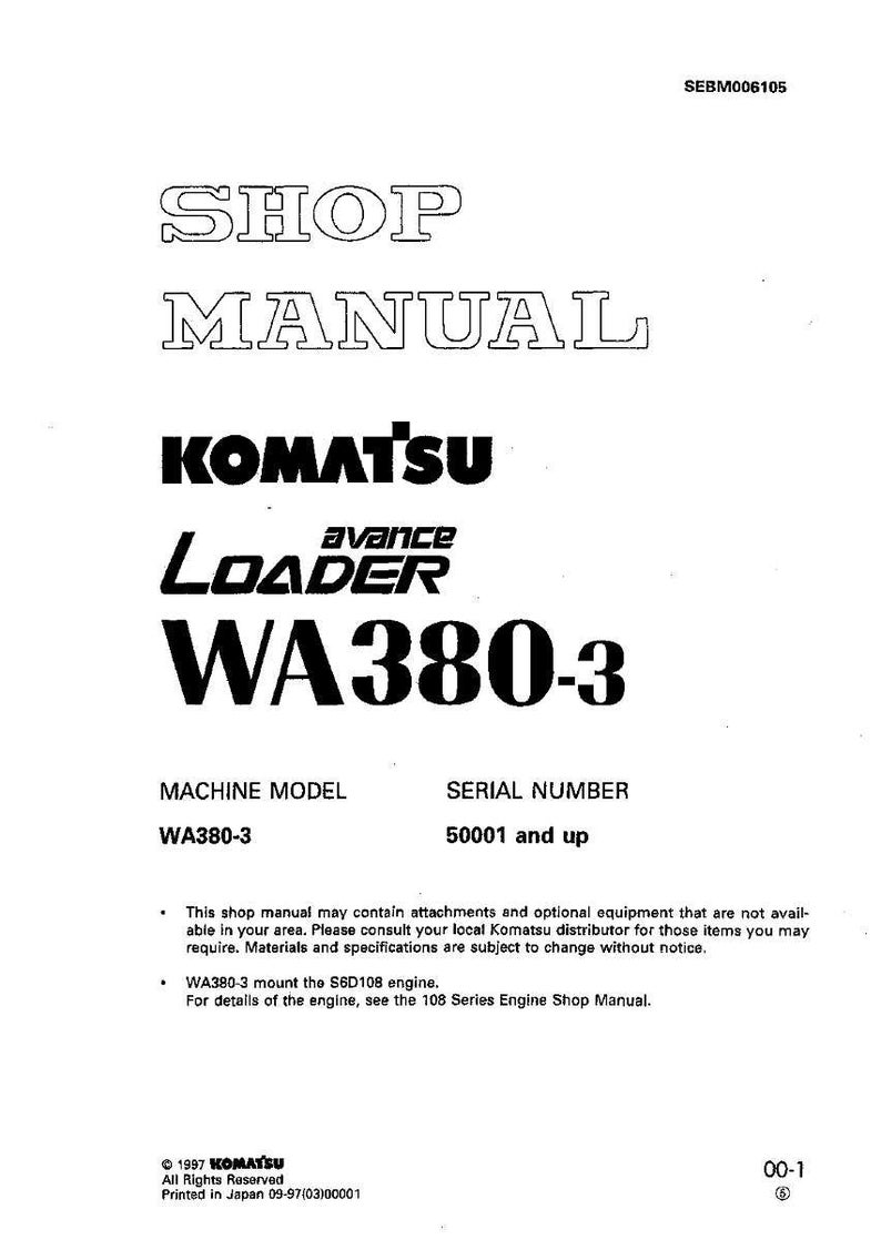 May include: A white shop manual with the text "SHOP MANUAL" at the top. Below, the Komatsu logo and "avance LOADER WA380-3" are displayed. The manual includes machine model and serial number information.