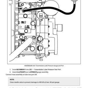 May include: Diagram of a transmission lube pressure gauge and port. The image includes a gauge, hoses, and various mechanical components. Text at the bottom provides instructions for installation and maintenance.