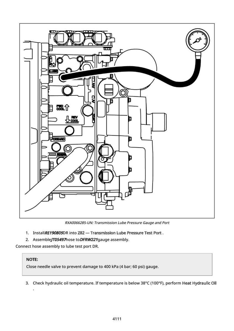May include: Diagram of a transmission lube pressure gauge and port. The image includes a gauge, hoses, and various mechanical components. Text at the bottom provides instructions for installation and maintenance.