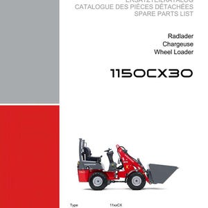 May include: A red and gray wheel loader, model 1150CX30, with the Weidemann logo. The image includes text in German, French, and English, including "Spare Parts List."