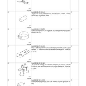 May include: Diagram of automotive tools, including a piston ring compressor, a base plate, and a universal pliers for piston segments. The text includes part codes and descriptions.