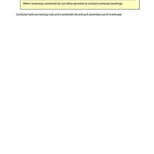 May include: A page from a manual with text and a warning. The text reads "Make sure timing chain (N) is slack and not on the crankshaft sprocket." A yellow box with a black triangle and the word "CAUTION" is present. The text below reads "When removing crankshaft do not allow sprocket to contact crankcase bushings."