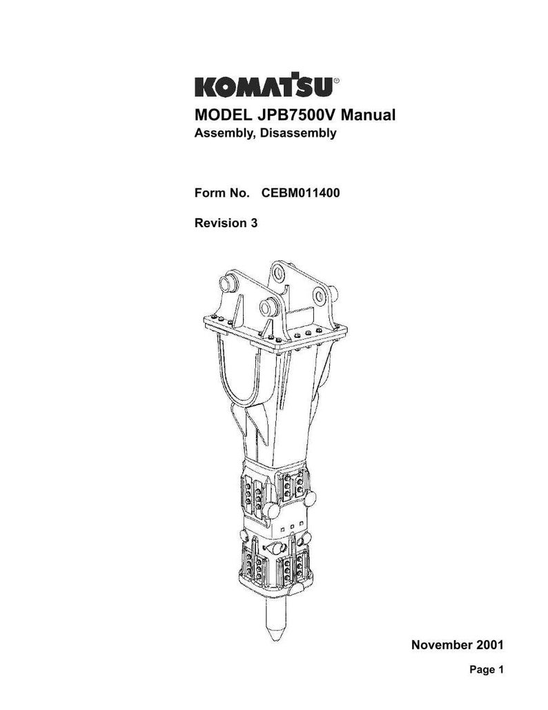 May include: A technical illustration of a Komatsu JPB7500V manual. The image features a detailed diagram of the machinery, including its assembly and disassembly instructions. The document is dated November 2001 and is labeled as Revision 3.