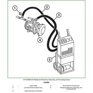 May include: Diagram of an R134a refrigerant recovery, recycling, and charging station installation procedure. The image shows a detailed illustration of the equipment, including hoses, an air conditioner compressor, and the refrigerant recovery station. Text labels identify the components.