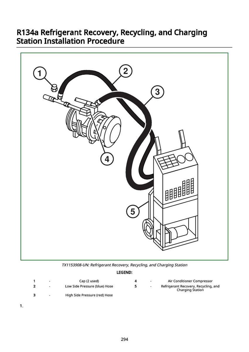 May include: Diagram of an R134a refrigerant recovery, recycling, and charging station installation procedure. The image shows a detailed illustration of the equipment, including hoses, an air conditioner compressor, and the refrigerant recovery station. Text labels identify the components.