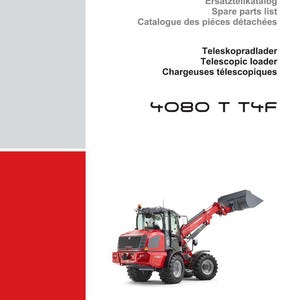 May include: A red and black Weidemann telescopic loader, model 4080 T T4F, with a raised bucket. The image includes text in English, German, and French, including "Spare parts list" and "Catalogue des pi&egrave;ces d&eacute;tach&eacute;es."