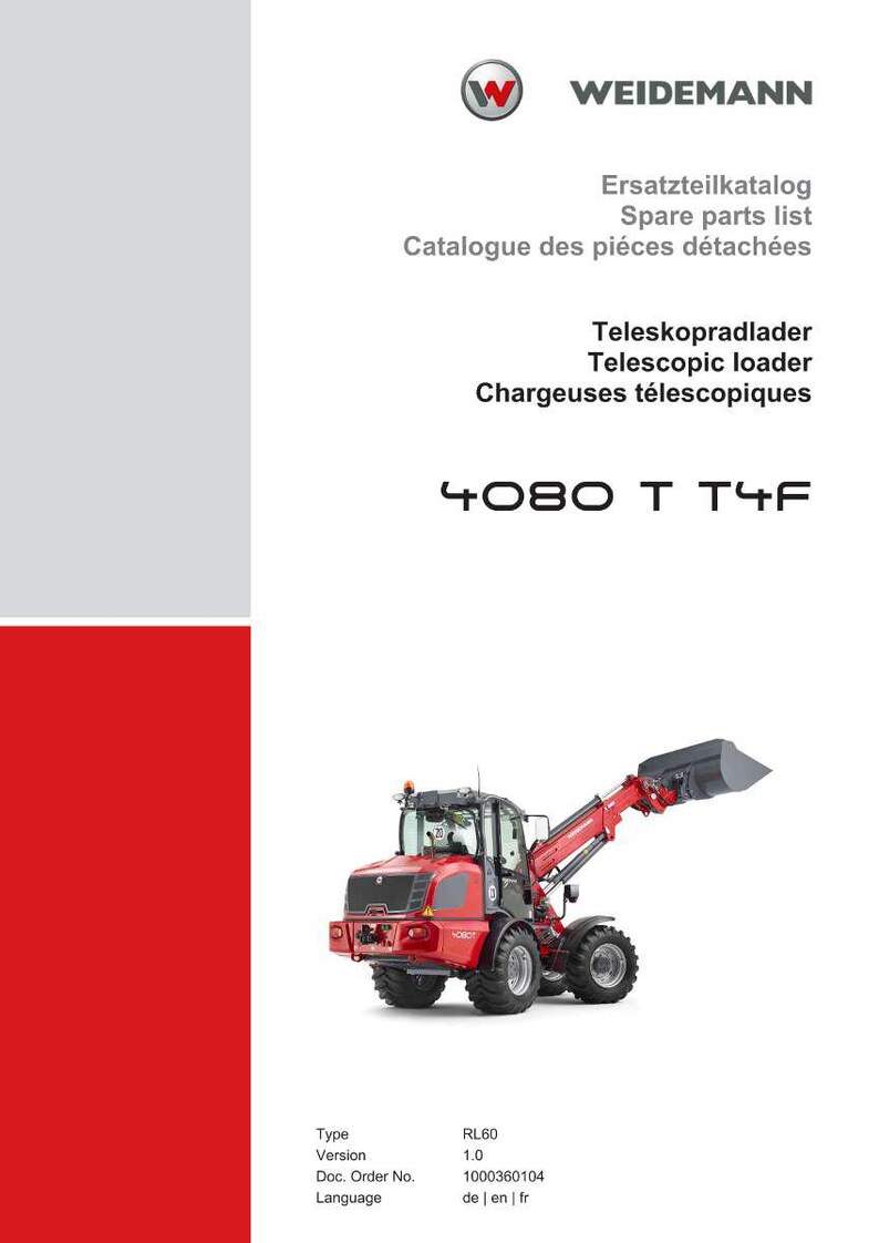 May include: A red and black Weidemann telescopic loader, model 4080 T T4F, with a raised bucket. The image includes text in English, German, and French, including "Spare parts list" and "Catalogue des pi&egrave;ces d&eacute;tach&eacute;es."