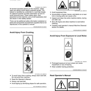 May include: A page from an operator's manual with safety labels and warnings. The manual includes diagrams and text explaining how to avoid injury from equipment fires, crushing, and loud noise. The page also includes a section on understanding safety labels.