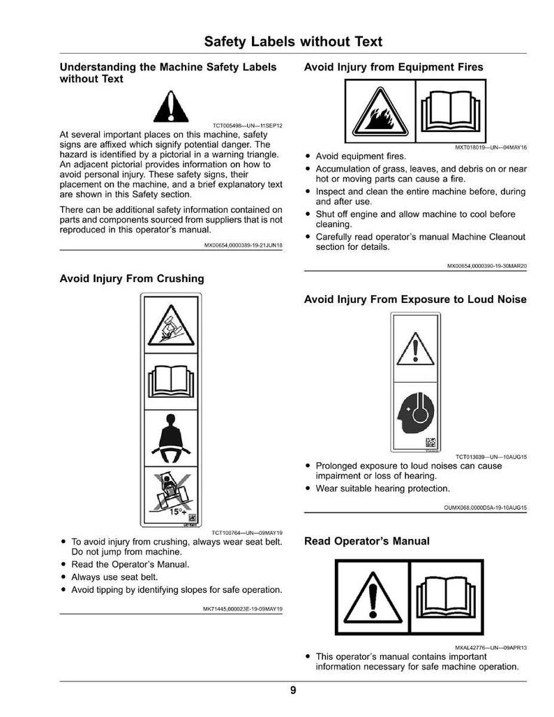 May include: A page from an operator's manual with safety labels and warnings. The manual includes diagrams and text explaining how to avoid injury from equipment fires, crushing, and loud noise. The page also includes a section on understanding safety labels.