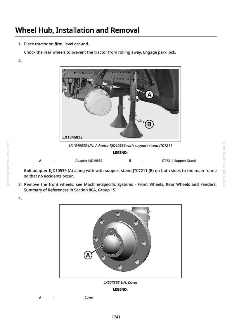 May include: Diagram illustrating wheel hub installation and removal. Includes images of an adapter, support stand, and cover. Text provides instructions for the process, including removing front wheels and using a support stand.