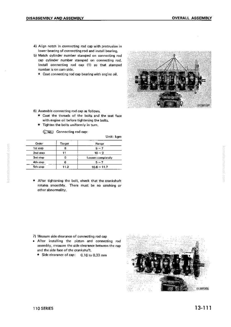 Puede incluir: Diagrama de un manual que muestra el desmontaje y montaje de la tapa de la biela de un motor. La imagen incluye instrucciones de texto, una tabla con especificaciones de par y una ilustraci&oacute;n de los componentes del motor.