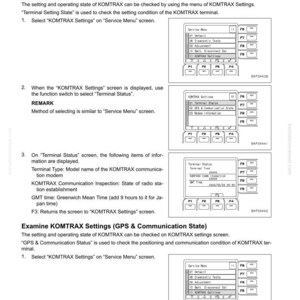 May include: A technical manual page with instructions for setting up and operating a machine monitor. The page includes screenshots of the KOMTRAX settings menu, detailing terminal and GPS communication states. Text is in black and white.