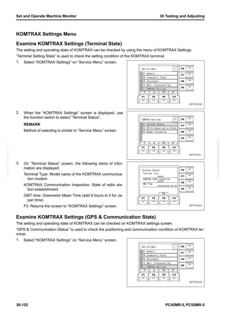 May include: A technical manual page with instructions for setting up and operating a machine monitor. The page includes screenshots of the KOMTRAX settings menu, detailing terminal and GPS communication states. Text is in black and white.