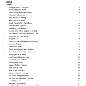 May include: A white page with a black table of contents for a manual. The table lists safety topics such as handling fluids, avoiding fires, and using protective clothing. Page numbers are listed on the right.