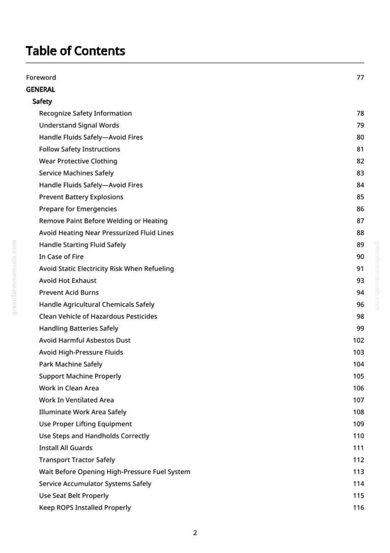 May include: A white page with a black table of contents for a manual. The table lists safety topics such as handling fluids, avoiding fires, and using protective clothing. Page numbers are listed on the right.