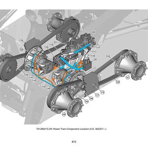 May include: An illustrated diagram of a power train component location, featuring a complex arrangement of mechanical parts. The diagram includes belts, gears, and hydraulic lines in blue and orange, with labels and numbers. The background is a light gray, with the text "TX1286415-UN: Power Train Component Location (S.N. 366357-)".