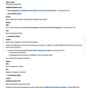 May include: A page from a repair manual with the title "Park Brake / Release Input." The text details diagnostic steps, including connector checks and component checks, with references to other sections.