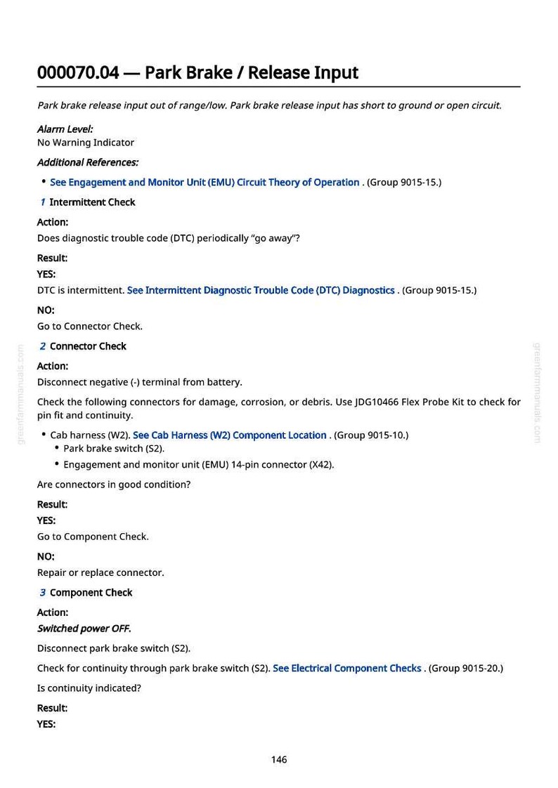 May include: A page from a repair manual with the title "Park Brake / Release Input." The text details diagnostic steps, including connector checks and component checks, with references to other sections.