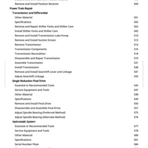May include: A white page with a detailed list of mechanical repair procedures, including "Disassemble and Assemble GREENSTAR Moisture Sensor" and "Remove and Install Transmission Lube Pump". The list is organized with section titles and corresponding numerical references.