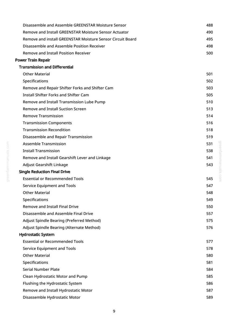 May include: A white page with a detailed list of mechanical repair procedures, including "Disassemble and Assemble GREENSTAR Moisture Sensor" and "Remove and Install Transmission Lube Pump". The list is organized with section titles and corresponding numerical references.