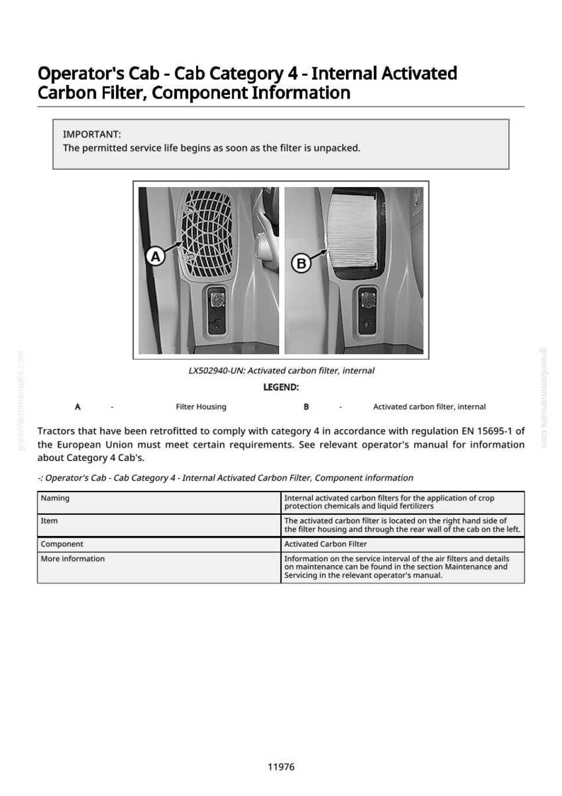 May include: Diagram of an operator's cab component, featuring an internal activated carbon filter. The image includes detailed views of the filter housing and the activated carbon filter itself, with accompanying text providing component information.