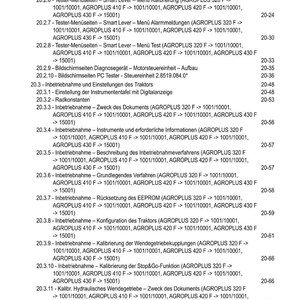 May include: A detailed table of contents from a manual, likely for a tractor or agricultural equipment. The text includes various operational procedures, calibration instructions, and system settings for different AGROPLUS models.