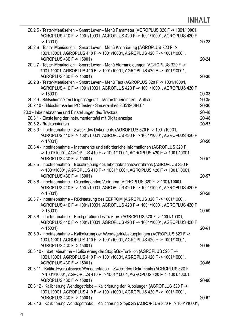 May include: A detailed table of contents from a manual, likely for a tractor or agricultural equipment. The text includes various operational procedures, calibration instructions, and system settings for different AGROPLUS models.