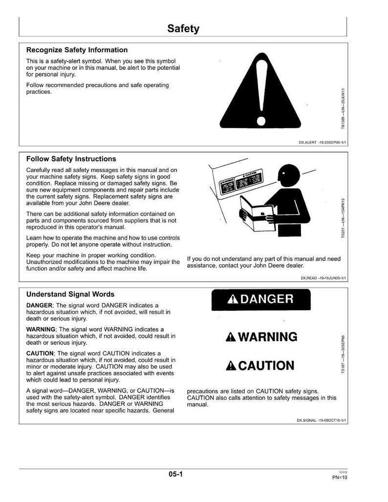 May include: A safety manual page with the title "Safety" and safety instructions. The page includes an exclamation point symbol, illustrations, and the words "DANGER," "WARNING," and "CAUTION" in bold text, along with safety precautions.