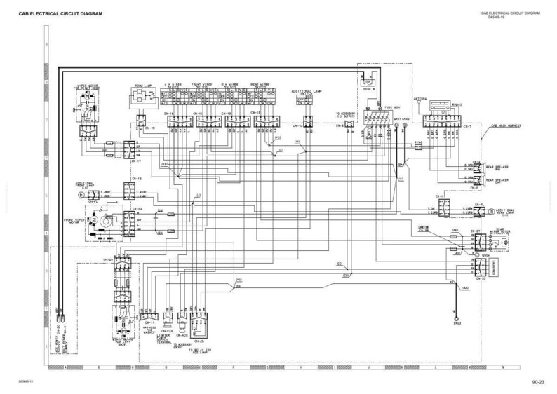 May include: An electrical circuit diagram for a cab, featuring a complex network of wires and components. The diagram includes text labels and symbols, illustrating the cab's electrical system. The title "CAB ELECTRICAL CIRCUIT DIAGRAM" is displayed at the top.