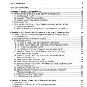 May include: A page from a Massey Ferguson Tractors manual, displaying a detailed table of contents. The black and white text lists chapters on general information, engine service data, and disassembly procedures. The page is numbered 5.