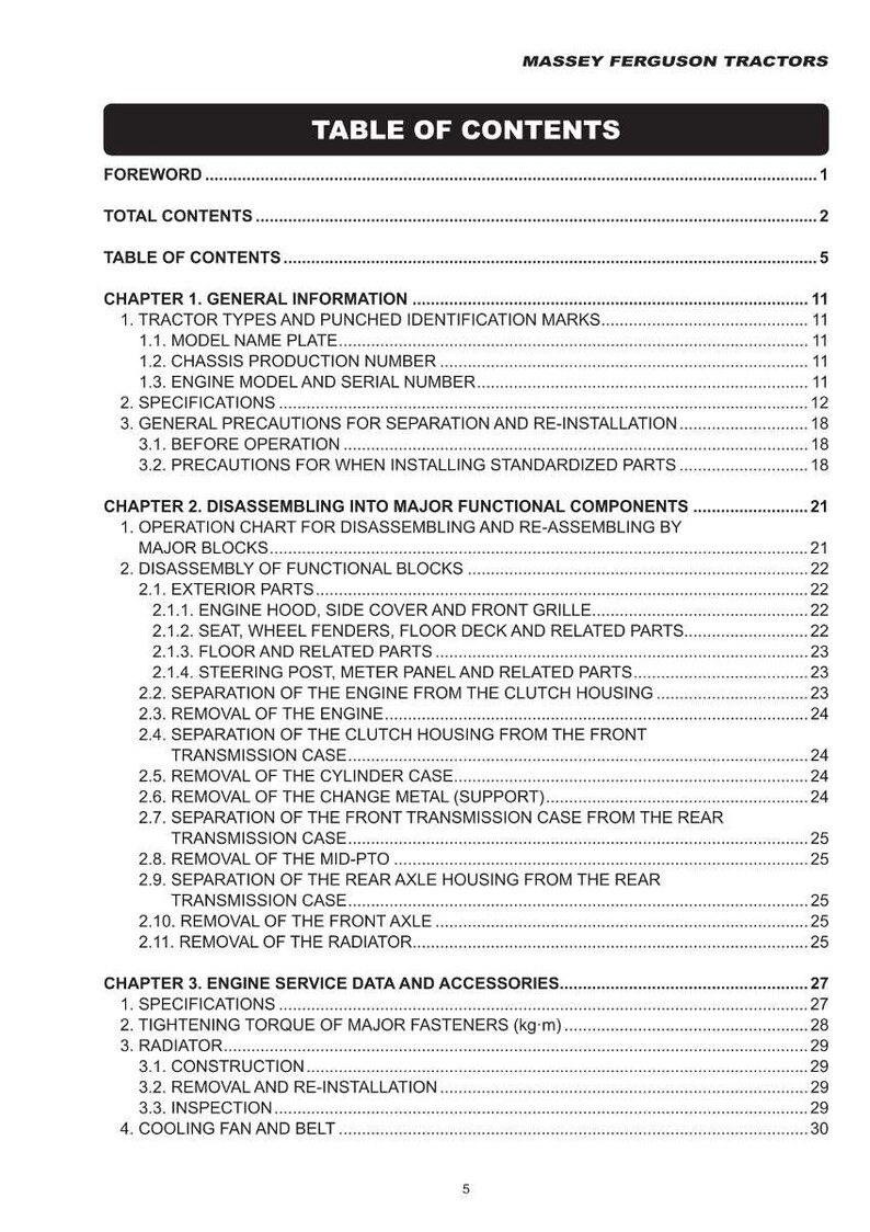 May include: A page from a Massey Ferguson Tractors manual, displaying a detailed table of contents. The black and white text lists chapters on general information, engine service data, and disassembly procedures. The page is numbered 5.