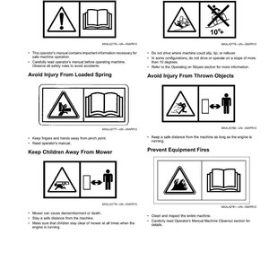 K&ouml;nnte beinhalten: Eine Seite mit Sicherheitshinweisen, die schwarz-wei&szlig;e Warnsymbole und Text enth&auml;lt. Die Etiketten warnen vor Gefahren wie Kippen, geworfenen Gegenst&auml;nden und gespannten Federn. Anweisungen zum Lesen des Bedienungshandbuchs sind enthalten.