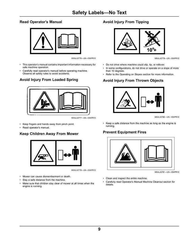 K&ouml;nnte beinhalten: Eine Seite mit Sicherheitshinweisen, die schwarz-wei&szlig;e Warnsymbole und Text enth&auml;lt. Die Etiketten warnen vor Gefahren wie Kippen, geworfenen Gegenst&auml;nden und gespannten Federn. Anweisungen zum Lesen des Bedienungshandbuchs sind enthalten.