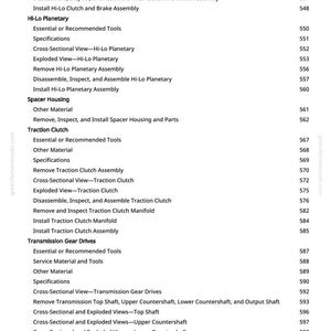 May include: A white page with a detailed table of contents from a manual, listing various mechanical procedures and their corresponding page numbers. The text includes terms like "Clutch," "Brake," and "Gear Drives."