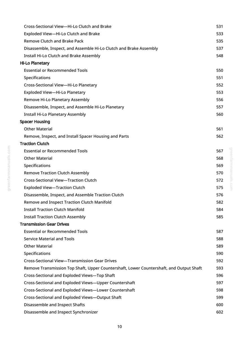 May include: A white page with a detailed table of contents from a manual, listing various mechanical procedures and their corresponding page numbers. The text includes terms like "Clutch," "Brake," and "Gear Drives."