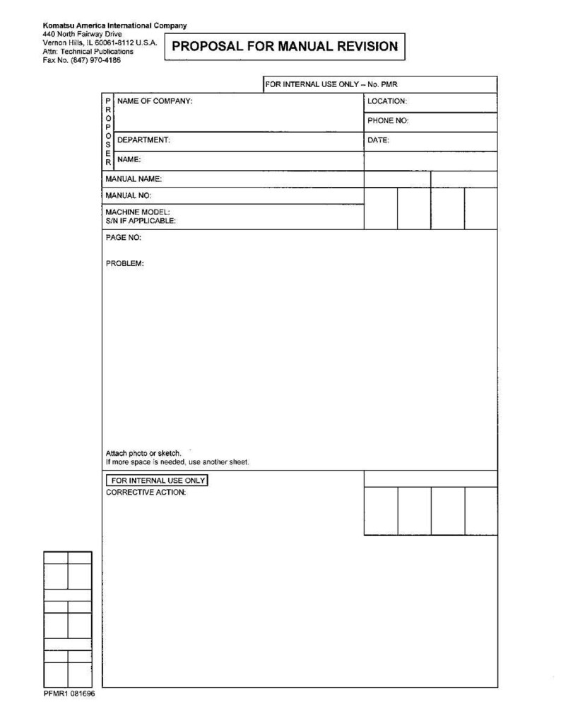 May include: A white form titled "Proposal for Manual Revision" from Komatsu America International Company. The form includes fields for company name, department, manual details, and a section for corrective action. The form is for internal use only.