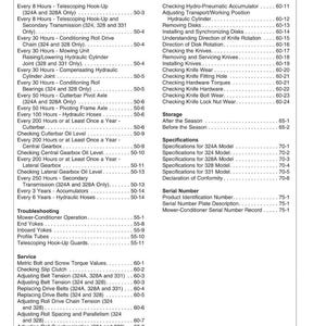 May include: A detailed table of contents from a manual, listing maintenance and service procedures for machinery. Topics include hydraulic systems, gearboxes, and adjustments, with page numbers for easy reference.