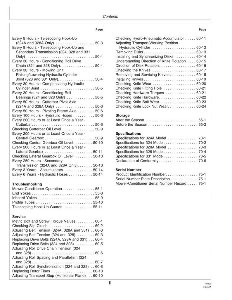 May include: A detailed table of contents from a manual, listing maintenance and service procedures for machinery. Topics include hydraulic systems, gearboxes, and adjustments, with page numbers for easy reference.