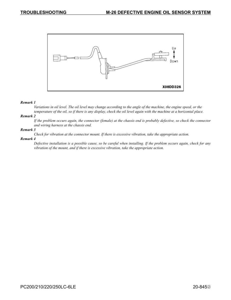 May include: Diagram of an M-26 defective engine oil sensor system. The image includes a schematic of the sensor with labels for "Up" and "Down" and the code X08DD326. Troubleshooting remarks are also included.