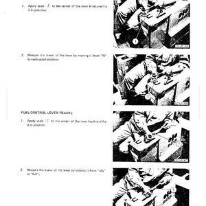 May include: A black and white technical manual page with instructions for adjusting levers and pedal travel. The manual includes diagrams and text detailing the process for transmission and fuel control lever travel.