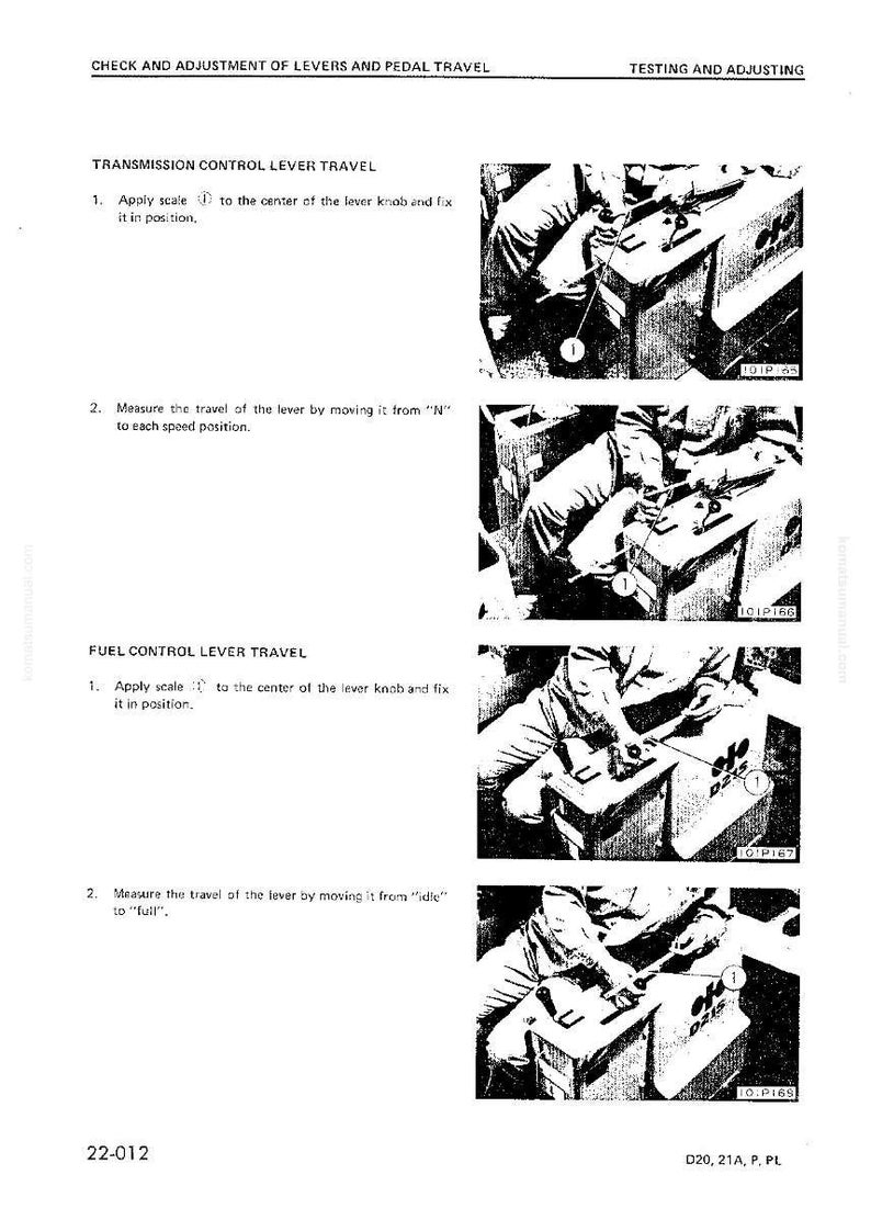May include: A black and white technical manual page with instructions for adjusting levers and pedal travel. The manual includes diagrams and text detailing the process for transmission and fuel control lever travel.