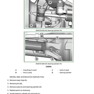 May include: Diagram illustrating the removal and installation of a steering cylinder. The image shows detailed views of the cylinder with labels for snap rings, pins, seals, and the steering cylinder itself. Text instructions are also included.