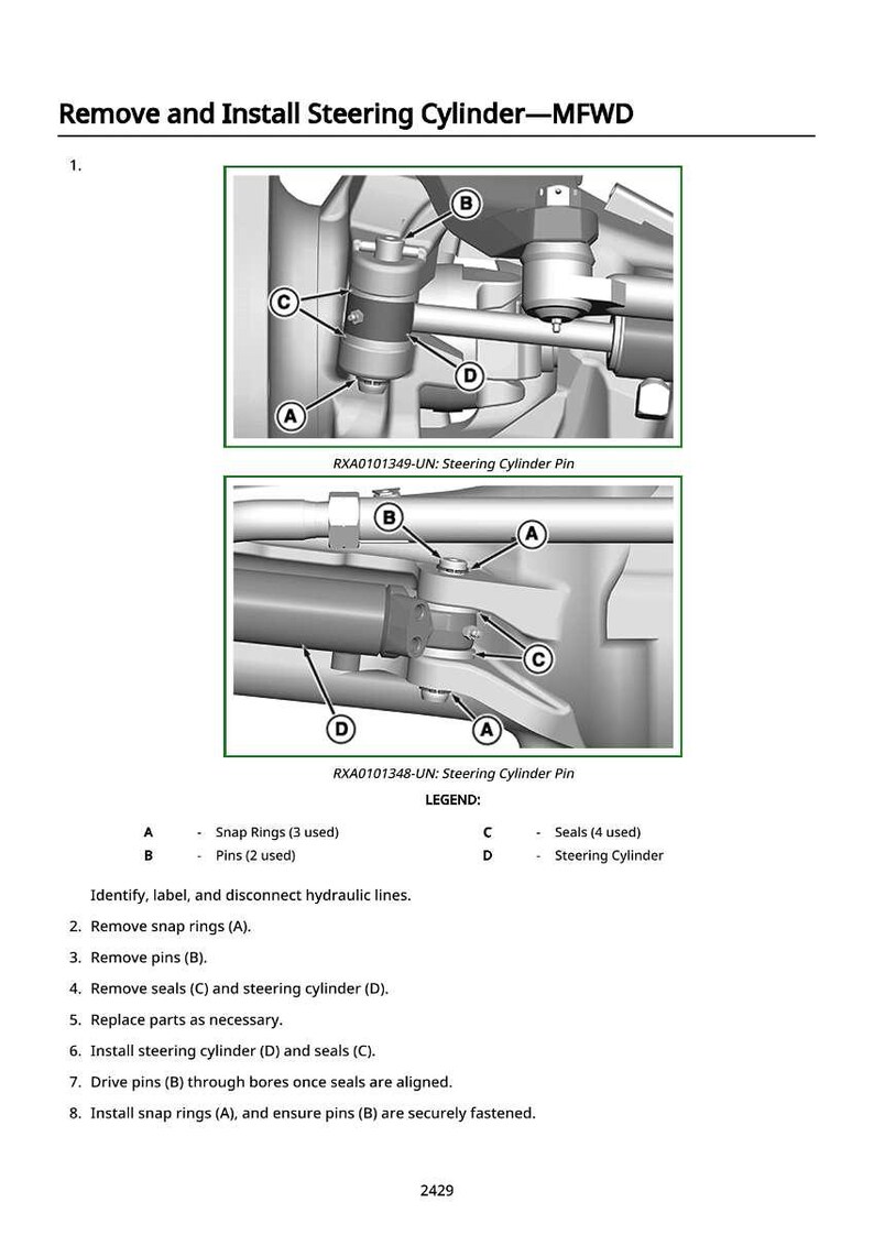 May include: Diagram illustrating the removal and installation of a steering cylinder. The image shows detailed views of the cylinder with labels for snap rings, pins, seals, and the steering cylinder itself. Text instructions are also included.