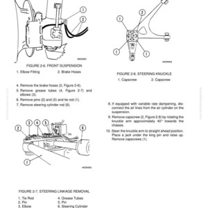 May include: Diagram illustrating front suspension components, such as elbow fitting, brake hoses, and steering knuckle. The image also details steering linkage removal with tie rod, pins, and grease tubes. Text labels identify each part.