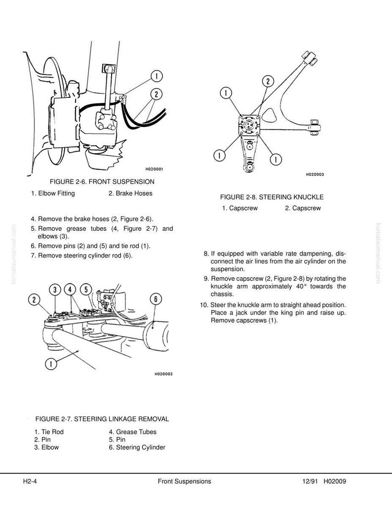 May include: Diagram illustrating front suspension components, such as elbow fitting, brake hoses, and steering knuckle. The image also details steering linkage removal with tie rod, pins, and grease tubes. Text labels identify each part.