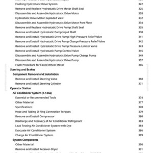Pu&ograve; includere: Una pagina di manuale con un sommario. Il testo include attrezzature di servizio, trasmissione idrostatica, sterzo, freni e procedure del sistema di climatizzazione. I numeri di pagina sono elencati.
