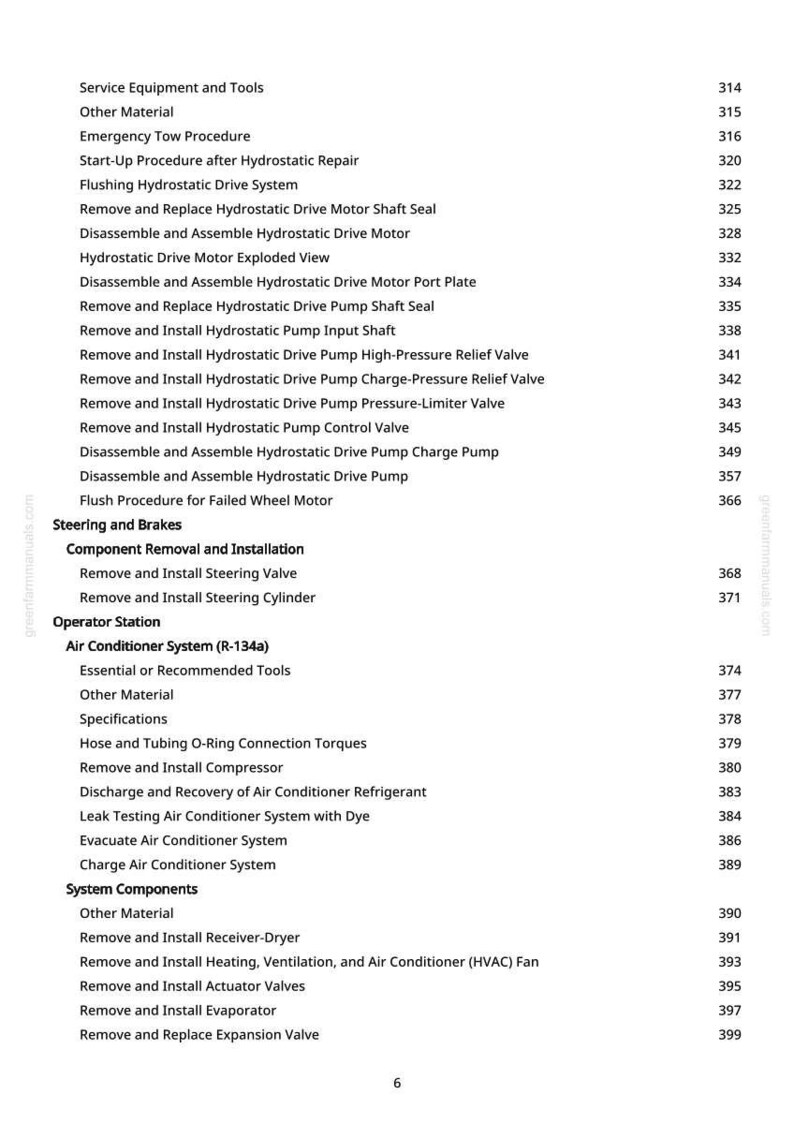 Pu&ograve; includere: Una pagina di manuale con un sommario. Il testo include attrezzature di servizio, trasmissione idrostatica, sterzo, freni e procedure del sistema di climatizzazione. I numeri di pagina sono elencati.