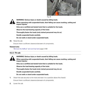 May include: A page from a Fendt 300 Vario S4 manual with safety warnings and instructions for cab maintenance. Includes a diagram of a mechanical component and text about load handling and safety precautions.