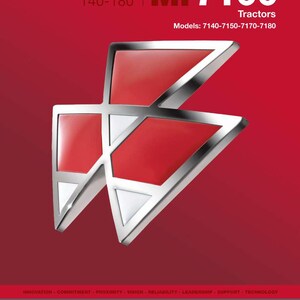 May include: A red and silver Workshop Manual cover for MF7100 Tractors. The cover features the MF7100 logo and the Massey Ferguson logo. The manual covers models 7140-7150-7170-7180.