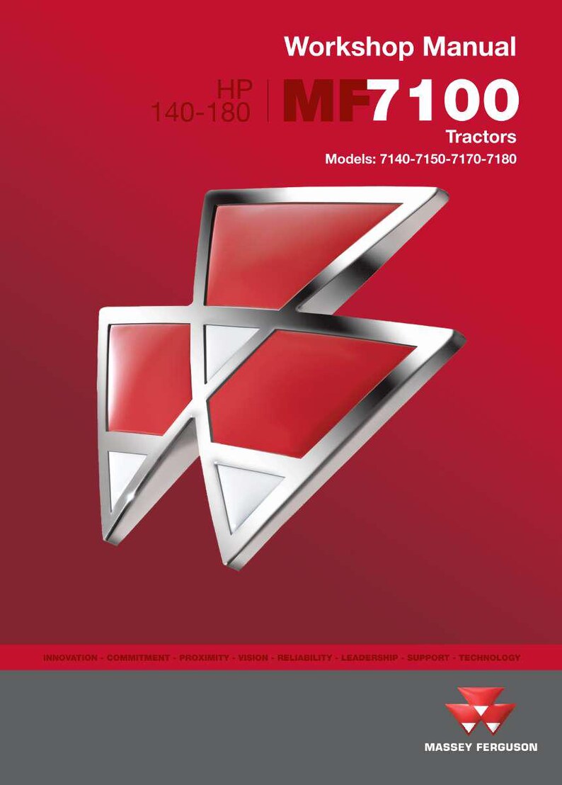 May include: A red and silver Workshop Manual cover for MF7100 Tractors. The cover features the MF7100 logo and the Massey Ferguson logo. The manual covers models 7140-7150-7170-7180.